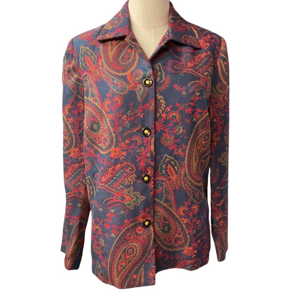 Vintage BFA Classics Button Down Blazer Jacket Blue Red Paisley Tapestry Size M